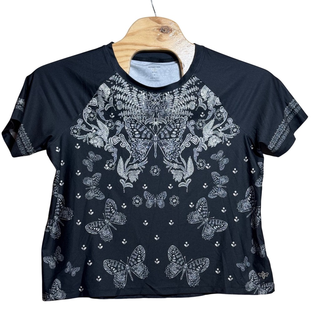 Johnny Was Active Womens Medium Black White Butterfly Floral Raglan T-Shirt